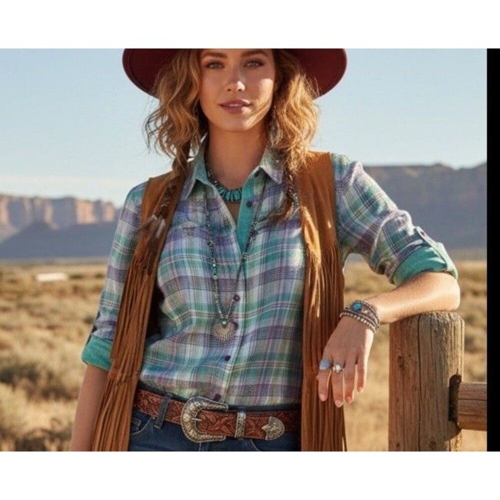 Kuhl Women’s Western Boho Shirt Snaps Aqua Purple Plaid Gauze Clueless